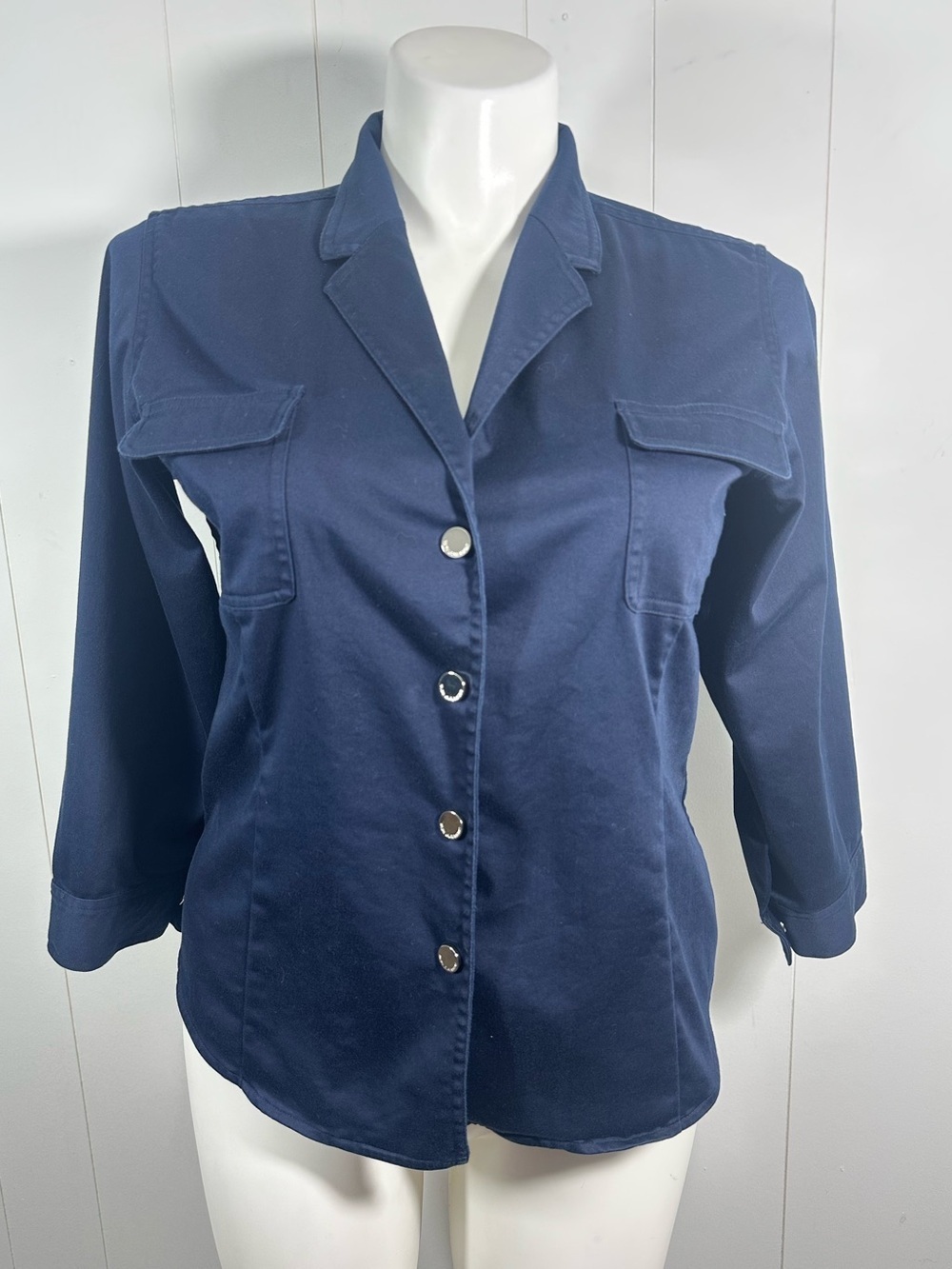 Ralph Lauren Sport 14 Women's 3/4 Sleeve Navy Button Up Shirt Jacket Snap Button